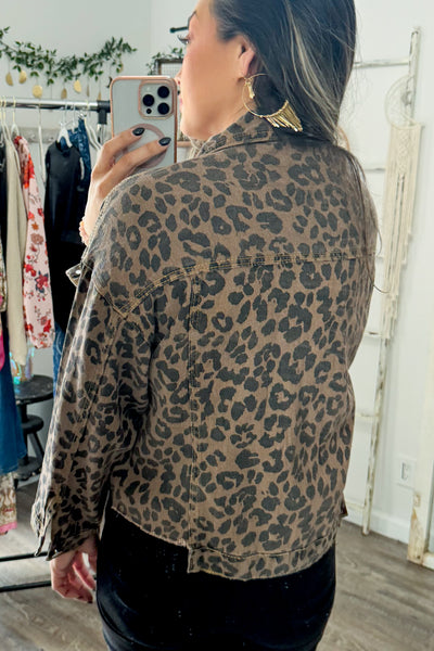 Leopard Raw Hem Denim Jacket