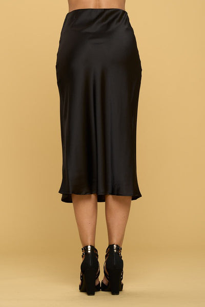 Black Solid Satin Midi Skirt