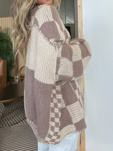 Checkered Open Front Long Sleeve Cardigan-3 colors