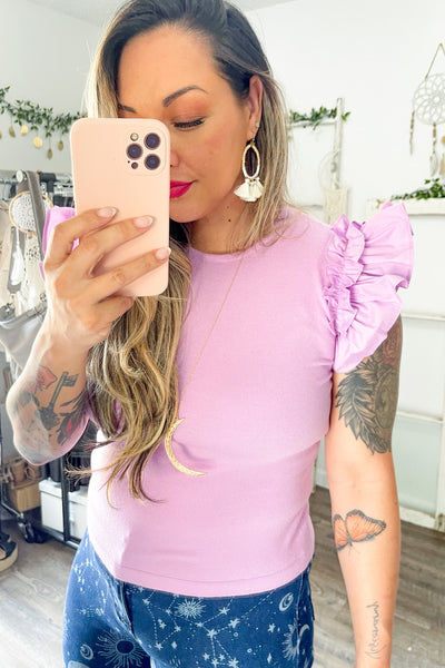 Lavender Ruffled Shoulder Knit Top