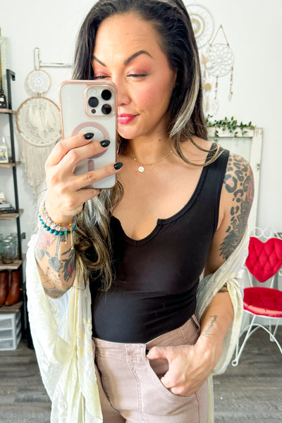 Black Notched Sleeveless Bodysuit