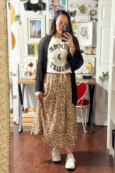 Drawstring Leopard Midi Skirt