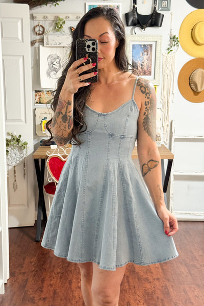 A Line Fit and Flare Denim Mini Dress