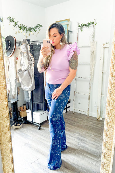 Lavender Ruffled Shoulder Knit Top
