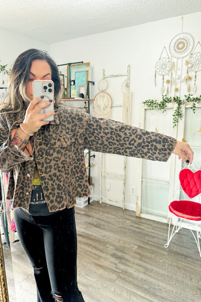 Leopard Raw Hem Denim Jacket