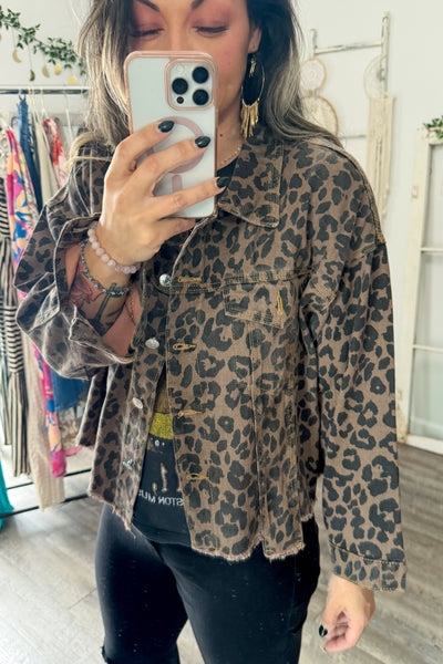 Leopard Raw Hem Denim Jacket