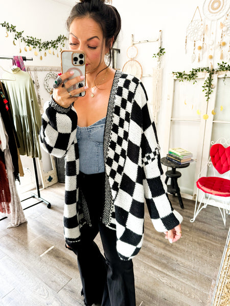 Checkered Open Front Long Sleeve Cardigan-3 colors