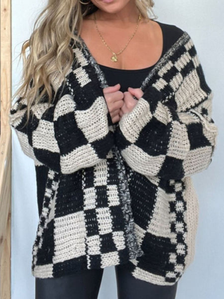 Checkered Open Front Long Sleeve Cardigan-3 colors