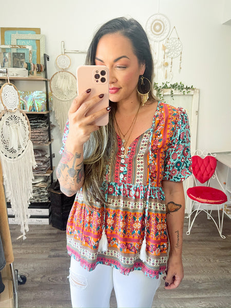 Bohemian Tassel Tie Puff Sleeve Babydoll Blouse