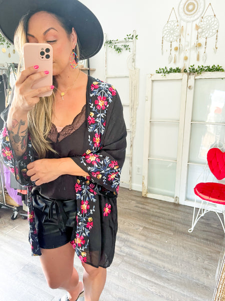 Lightweight Anemone Embroidered Kimono - 4 colors