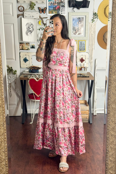 Pink Tea Party Maxi Dress With Ribbon Tie Lace Strap