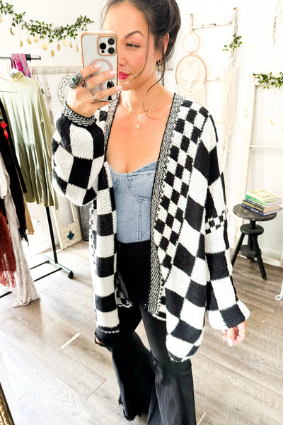 Checkered Open Front Long Sleeve Cardigan-3 colors