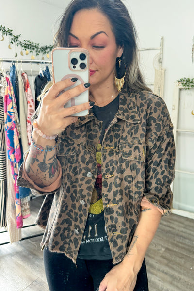 Leopard Raw Hem Denim Jacket