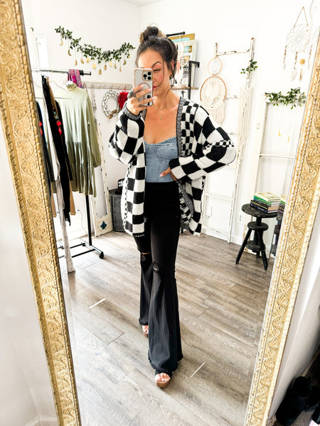 Checkered Open Front Long Sleeve Cardigan-3 colors