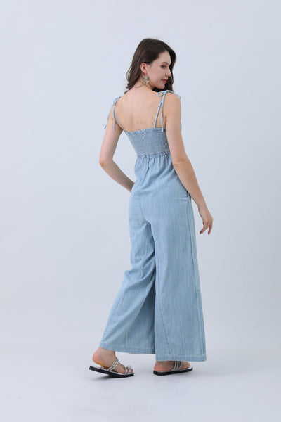Light Blue Denim Jumpsuit – Smocked Top & Wide Legs