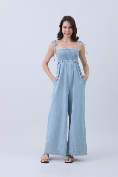 Light Blue Denim Jumpsuit – Smocked Top & Wide Legs