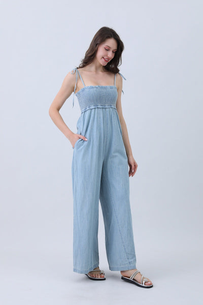 Light Blue Denim Jumpsuit – Smocked Top & Wide Legs