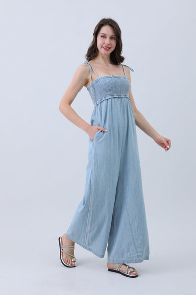 Light Blue Denim Jumpsuit – Smocked Top & Wide Legs