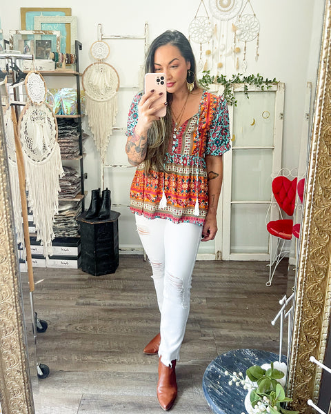 Bohemian Tassel Tie Puff Sleeve Babydoll Blouse