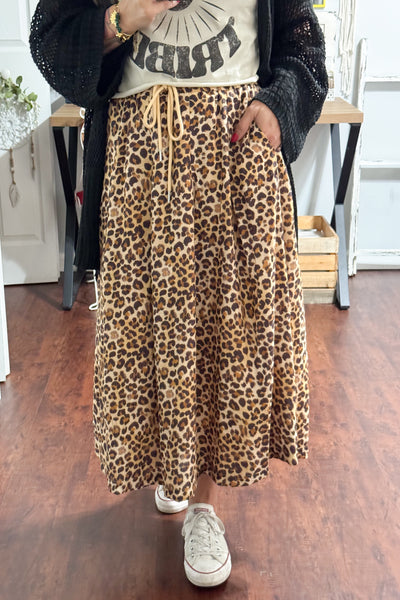 Drawstring Leopard Midi Skirt