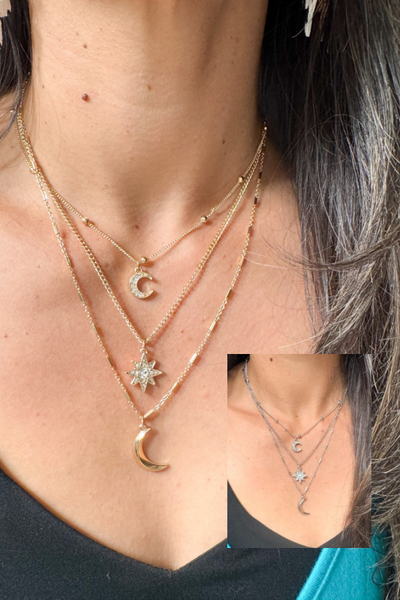 Celestial Layered Necklace - Moon and Star Charms πβ¨