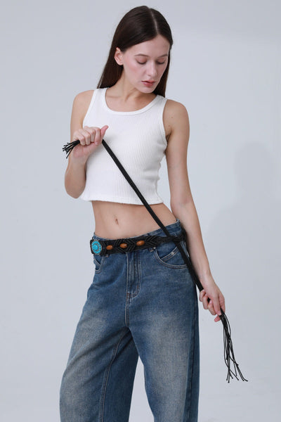 Bohemian Waist Rope โ Adjustable Braided Belt with Turquoise Beads ๐ฟ๐