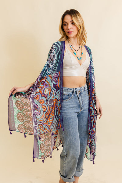 Free Spirit Cinched Sleeve Paisley Kimono