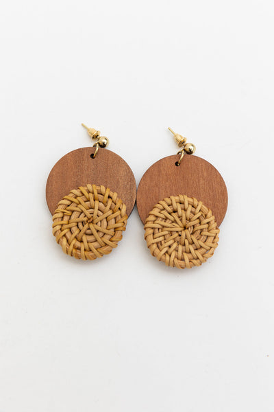 Boho Wood-Trimmed Round Straw Earrings
