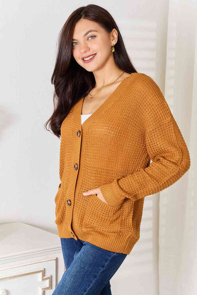 Mustard Drop Shoulder Button Down Cardigan with Pockets
