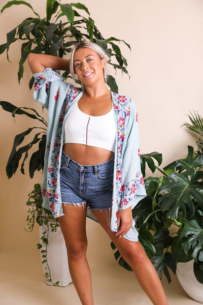 Anemone Embroidered Kimono One Size / Light Blue