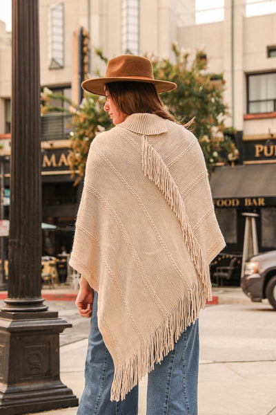 Button Neck Fringe Poncho Ponchos