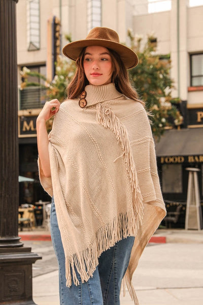 Button Neck Fringe Poncho Ponchos Oatmeal