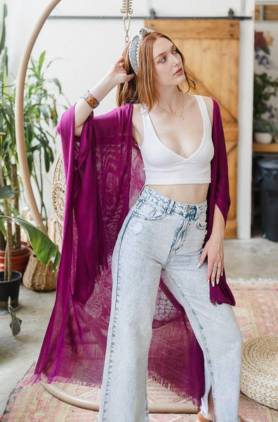 Frayed Trim Kimono Ponchos Magenta