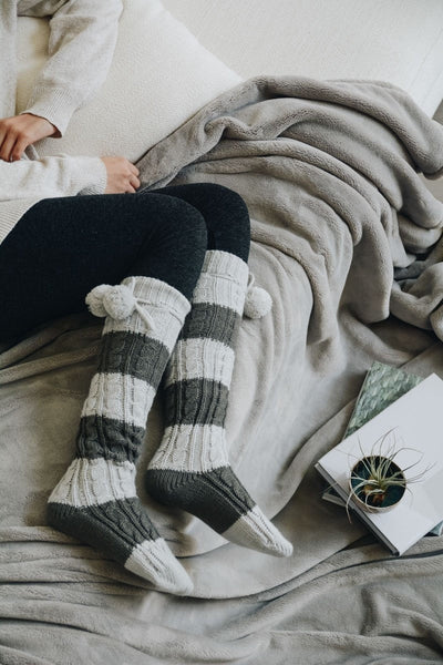 Knee High Striped Pom Socks Hats & Hair Silver/Gray