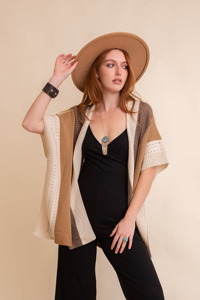Multi-colored Striped Knit Poncho❤ Ponchos One Size / Camel