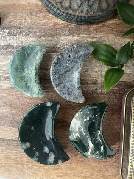 Moss Agate Crescent Moon Miniature Dish