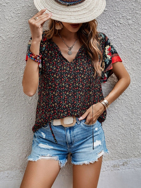 Printed Tie Neck Short Sleeve Blouse-4 colors