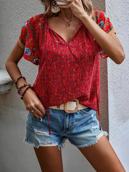 Printed Tie Neck Short Sleeve Blouse-4 colors