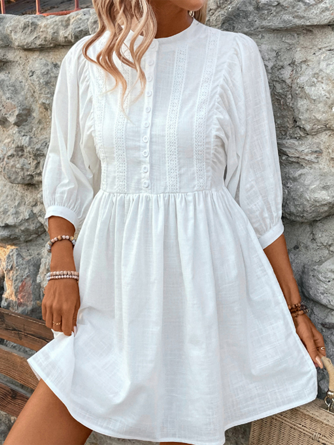 white lace three quarter sleeve dress White Coast Petite 3/4 Sleeve Lace Shirt Dress