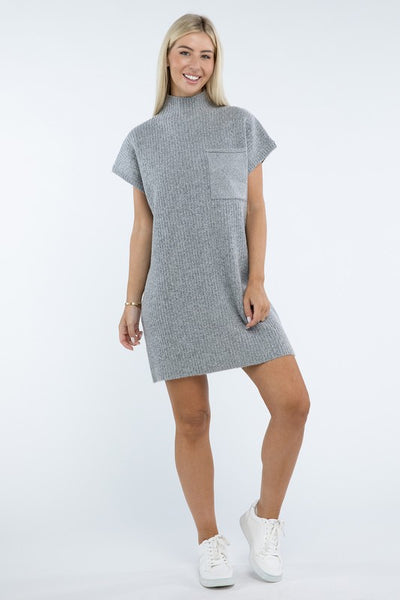 Mock Neck Short Sleeve Sweater Dress with Pocket (6 colors)