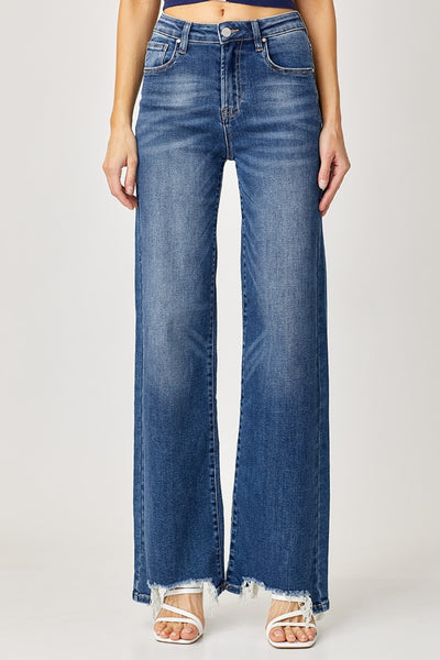 Risen High Rise Frayed Wide Leg Jeans