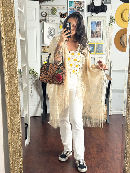 Lightweight Ivory Tea Lace Kimono with fringe