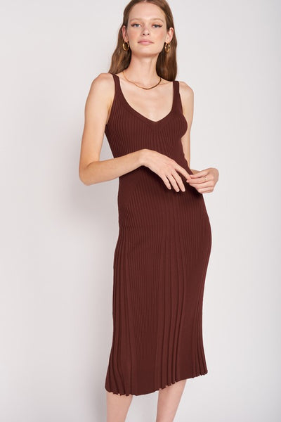 V NECK RIBBED MIDI DRESS WITH OPEN BACK