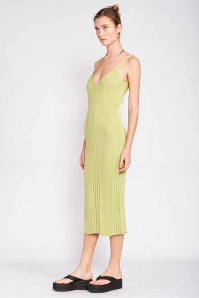 V NECK RIBBED MIDI DRESS WITH OPEN BACK