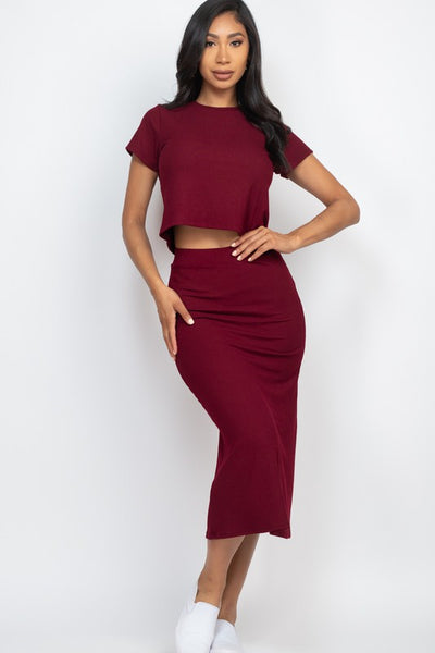 Ribbed Solid Top & Midi Skirt Set (7 colors)