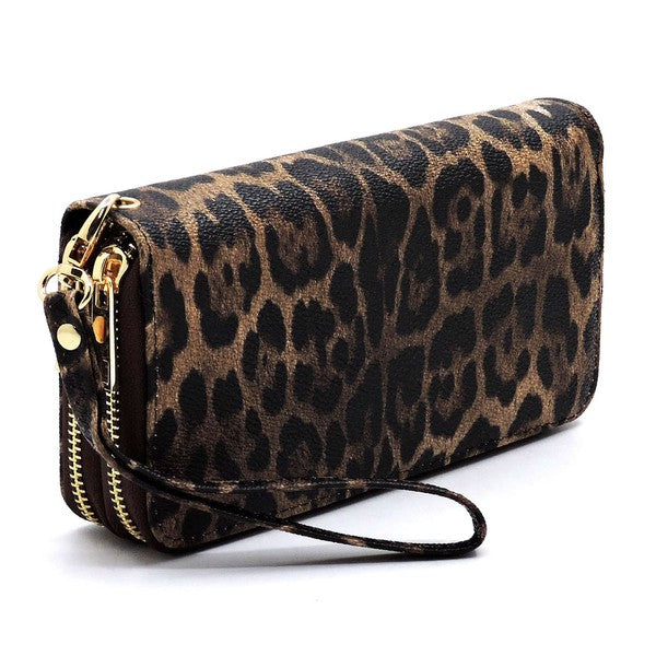 Leopard Double Zip Around Wallet Wristlet (3 colors)