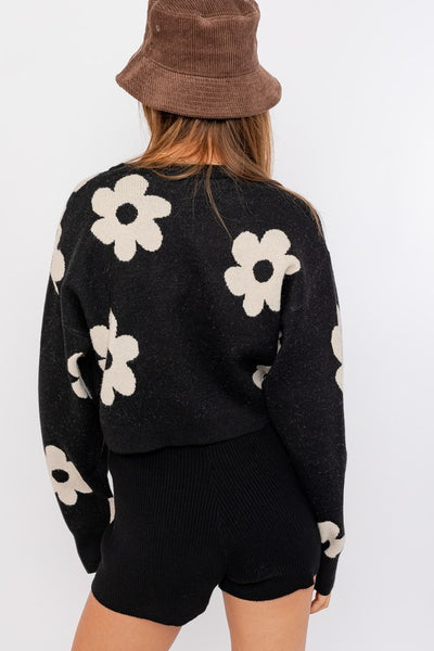 Long Sleeve Crop Sweater with Daisies