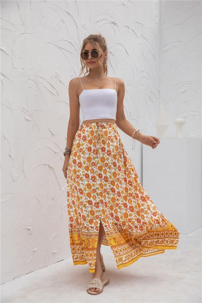 Border Print Boho Maxi Skirt