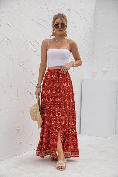 Border Print Boho Maxi Skirt