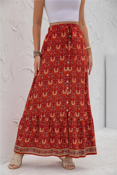 Border Print Boho Maxi Skirt